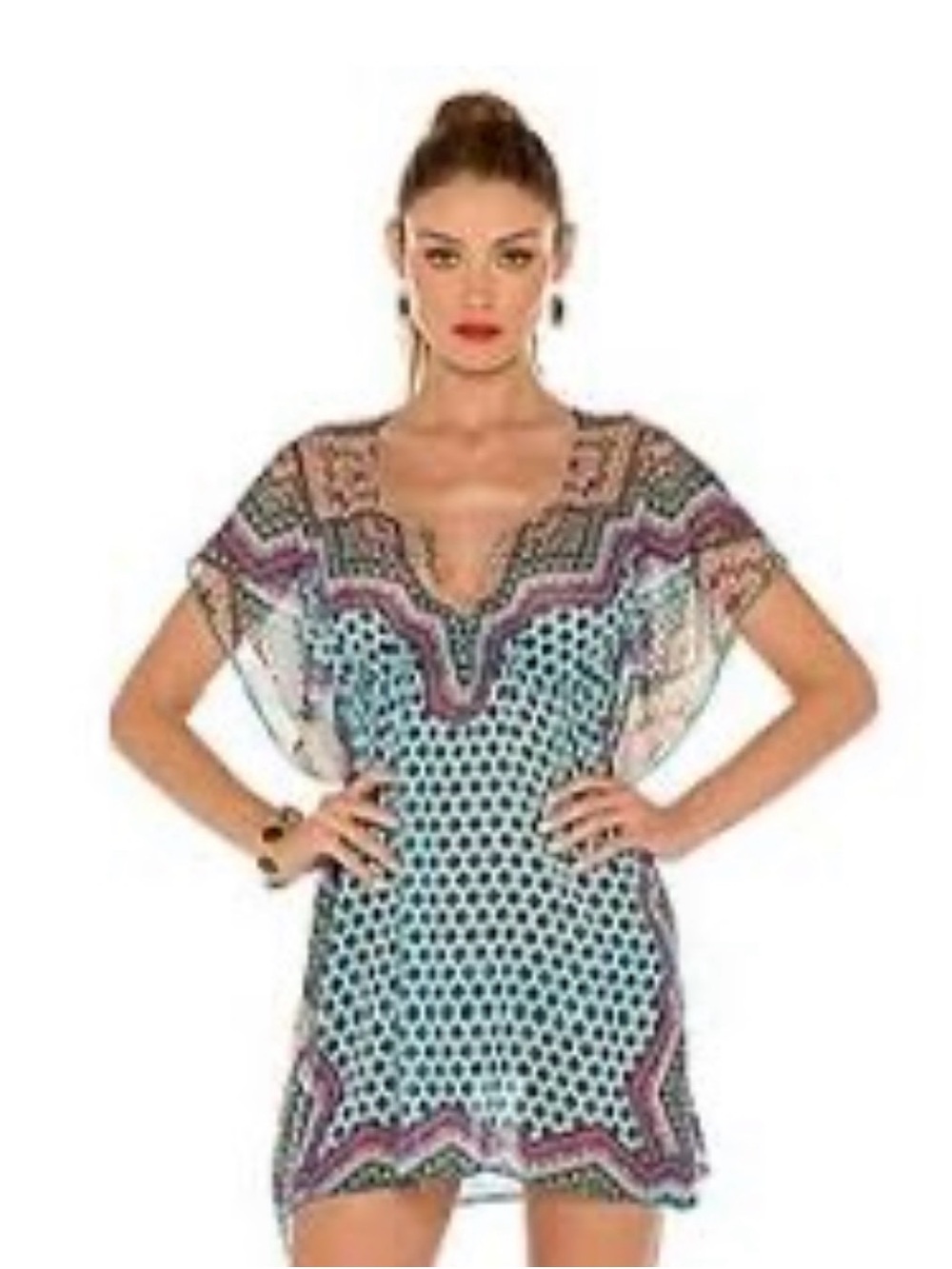 BECCA Light Blue Printed Flutter-Sleeve Tunic with Pink & Purple Accents